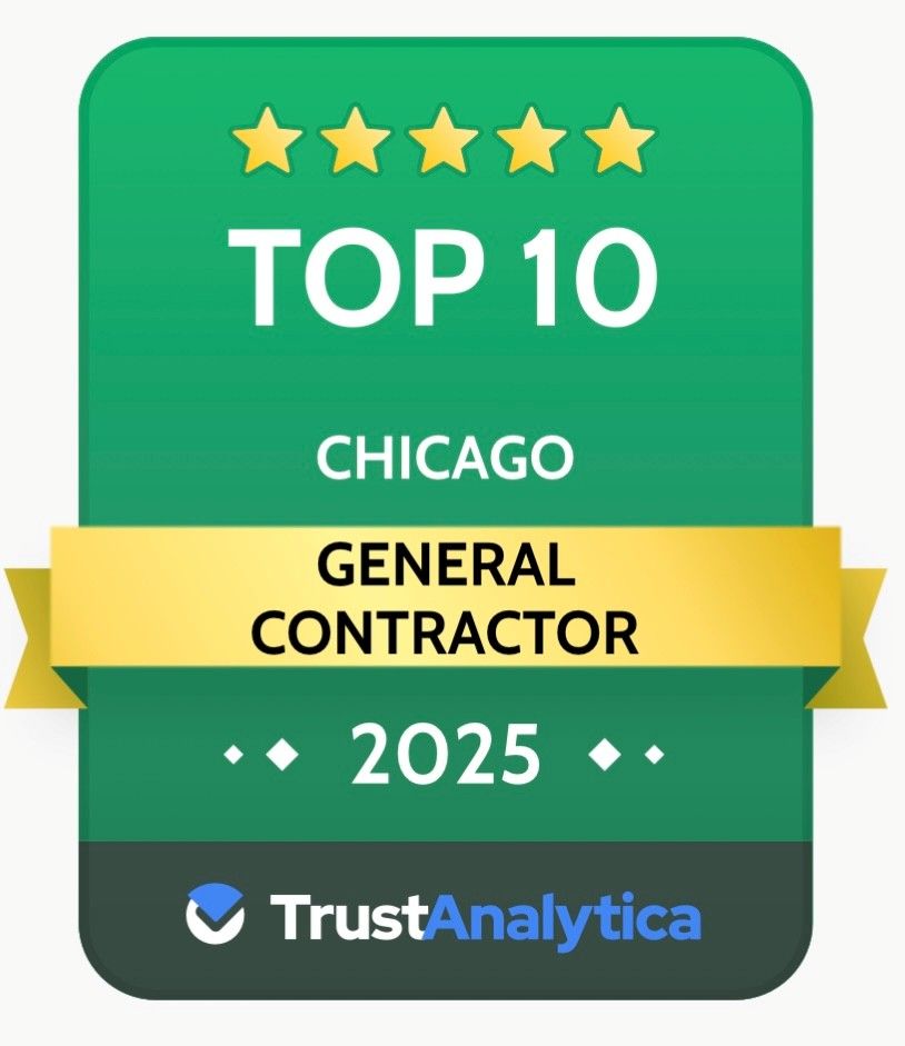 Green and gold “Top 10 Chicago General Contractor 2025” TrustAnalytica badge