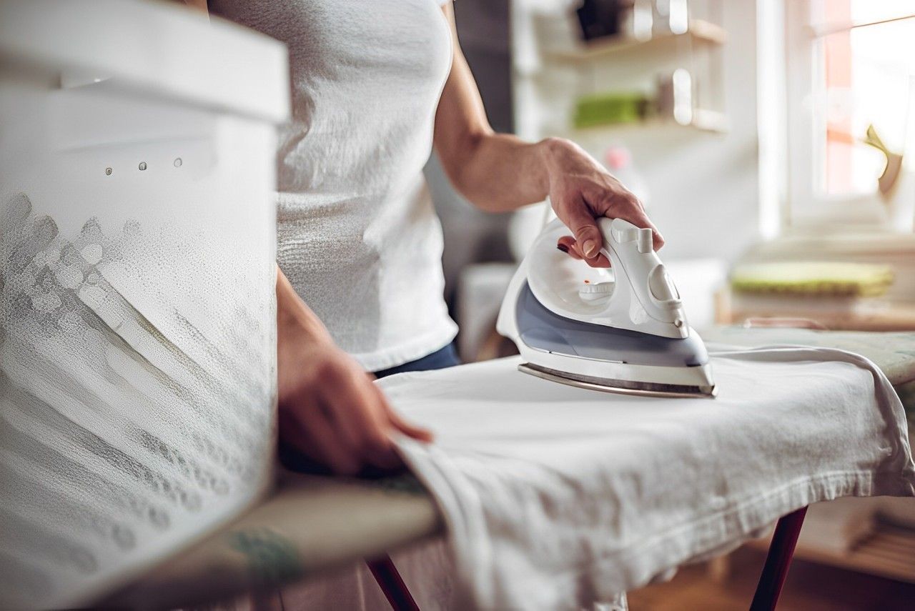 A Woman Is Ironing A White Shirt On An Ironing Board — Macquarie Dry Cleaners In Dubbo, NSW