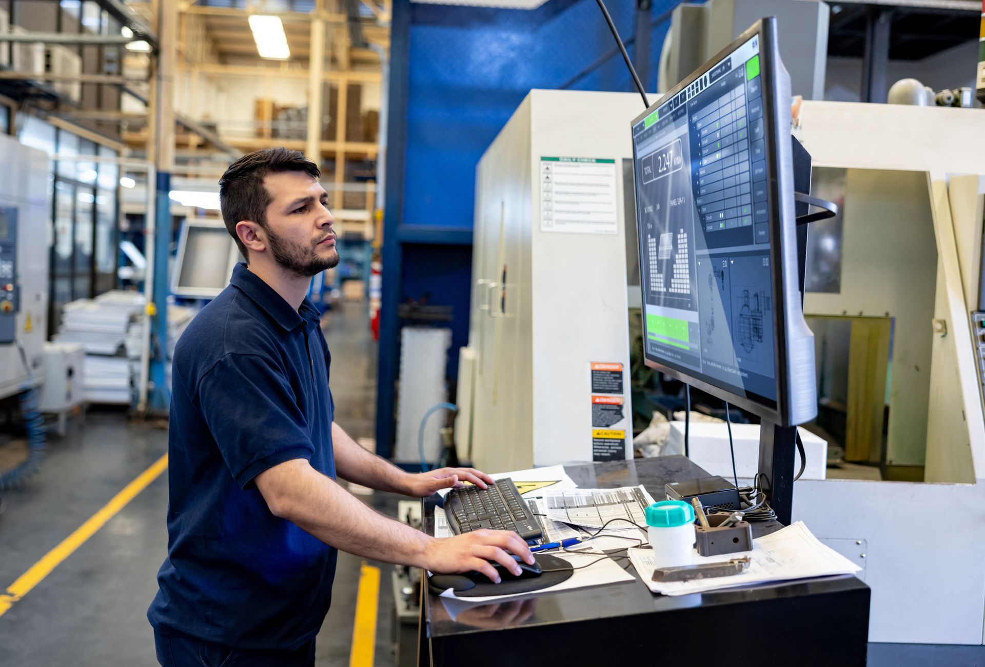 man in a manufacturing environment working on a computer