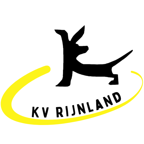 Het KV Rijnland-logo met een silhouet van een zwart hert en een gele streep op een witte achtergrond.