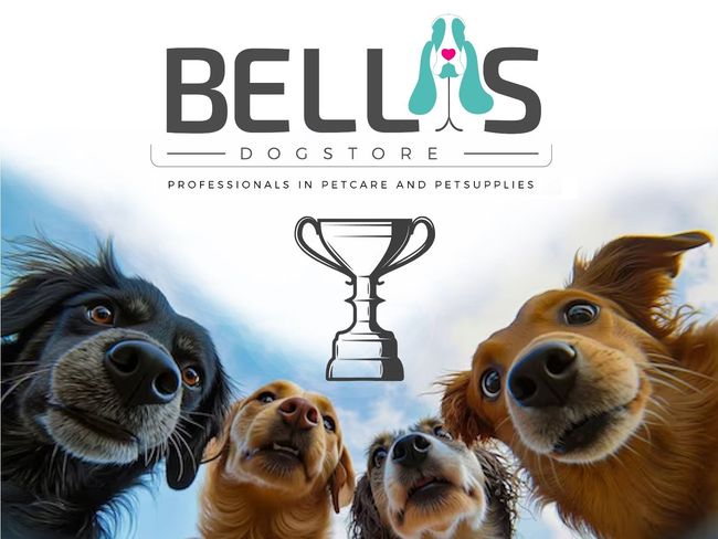 Het logo van BELLA Dog Store boven vier honden die een trofee-icoon omringen op een witte achtergrond.