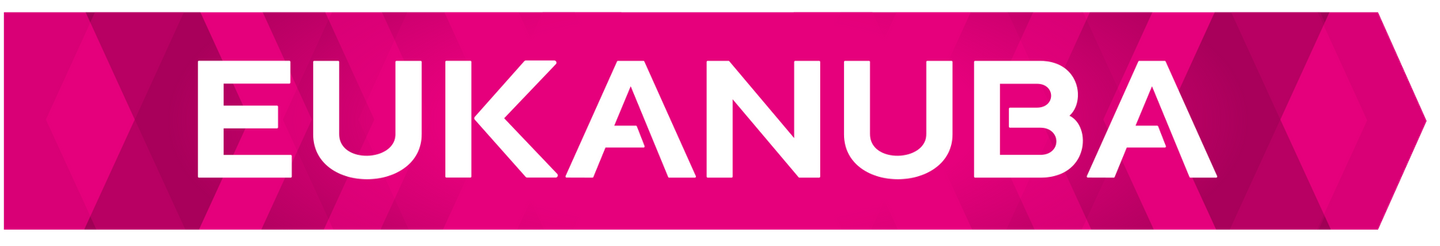 Het EUKANUBA-logo in wit op een magenta geometrische banner.