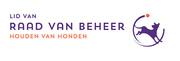 Logo voor Raad van Beheer, met paarse tekst, oranje slogan en een gestileerde paarse hond in een cirkel.