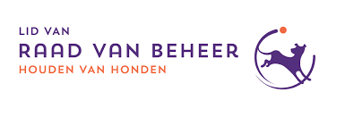 Logo voor Raad van Beheer, met paarse tekst, oranje slogan en een gestileerde paarse hond in een cirkel.
