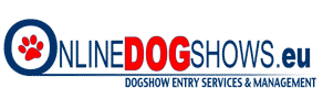 Het logo van OnlineDogShows.eu met rode en blauwe tekst en een pootafdruk-icoon.