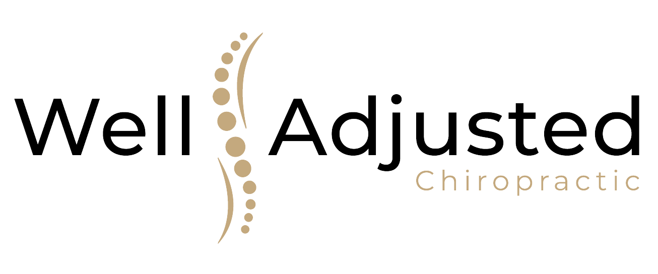 A logo for well adjusted chiropractic with a picture of a spine.