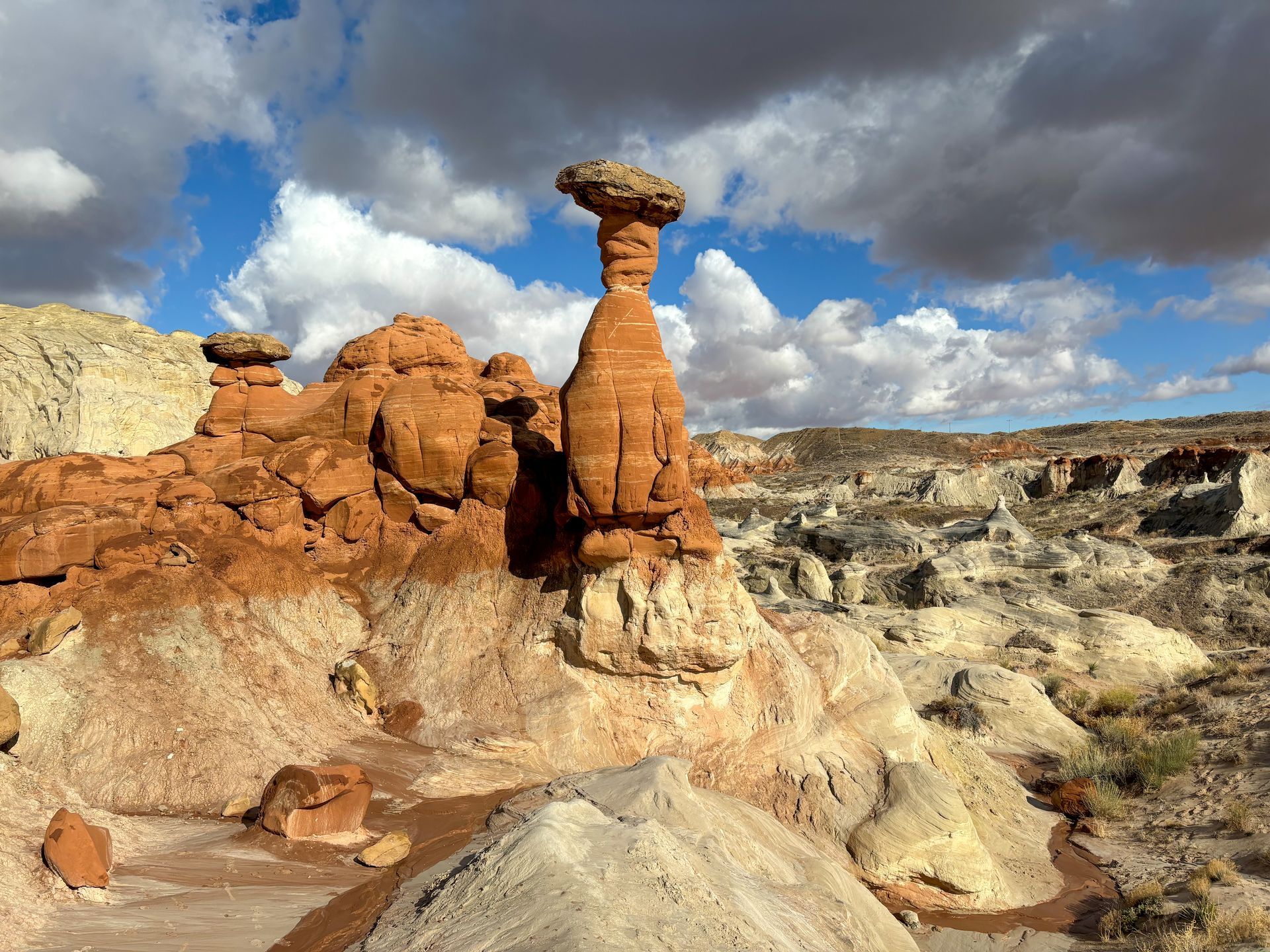 Desert rock formation with a mushroom-shaped hoodoo under dramatic cloudy sky