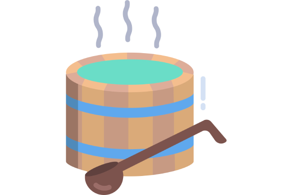 Steam rising from a wooden hot tub with a ladle resting on the side