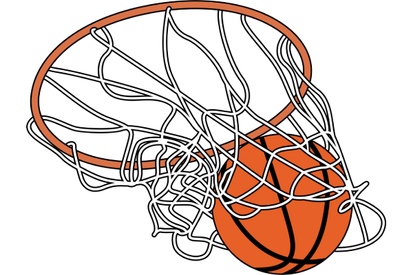 Orange basketball in a hoop, tangled in the white net