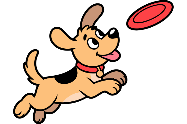 Cartoon tan dog leaping toward a red frisbee, tongue out