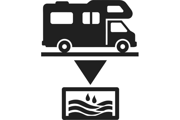 Motorhome above hazardous waste container with downward arrow, indicating disposal or recycling of waste.