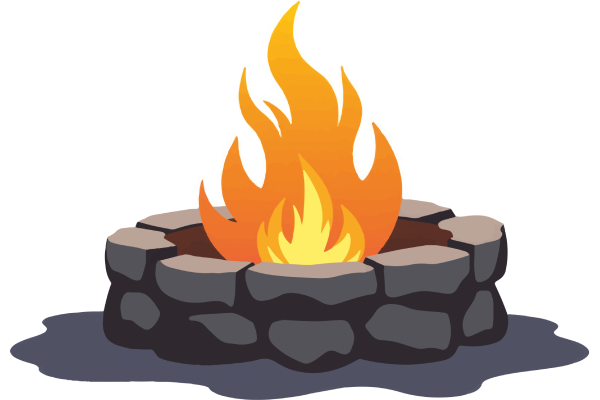 Stone fire pit with bright orange flames burning on a white background