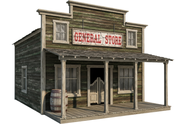 Old western general store facade with a porch, wooden barrels, and a red sign.