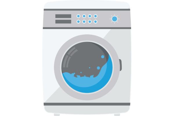Front-loading washing machine with blue door and control panel lights