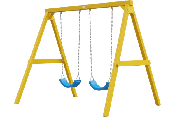 Yellow playground swing set with two blue swings on chains