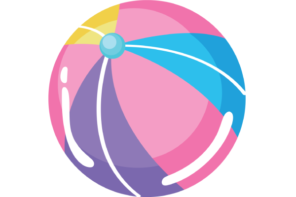Colorful pink, blue, purple, and yellow beach ball with white stripes and a turquoise center knot