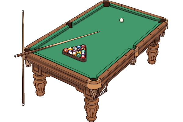 Billiards table with green felt, cue sticks, rack of balls, and a cue ball on the table
