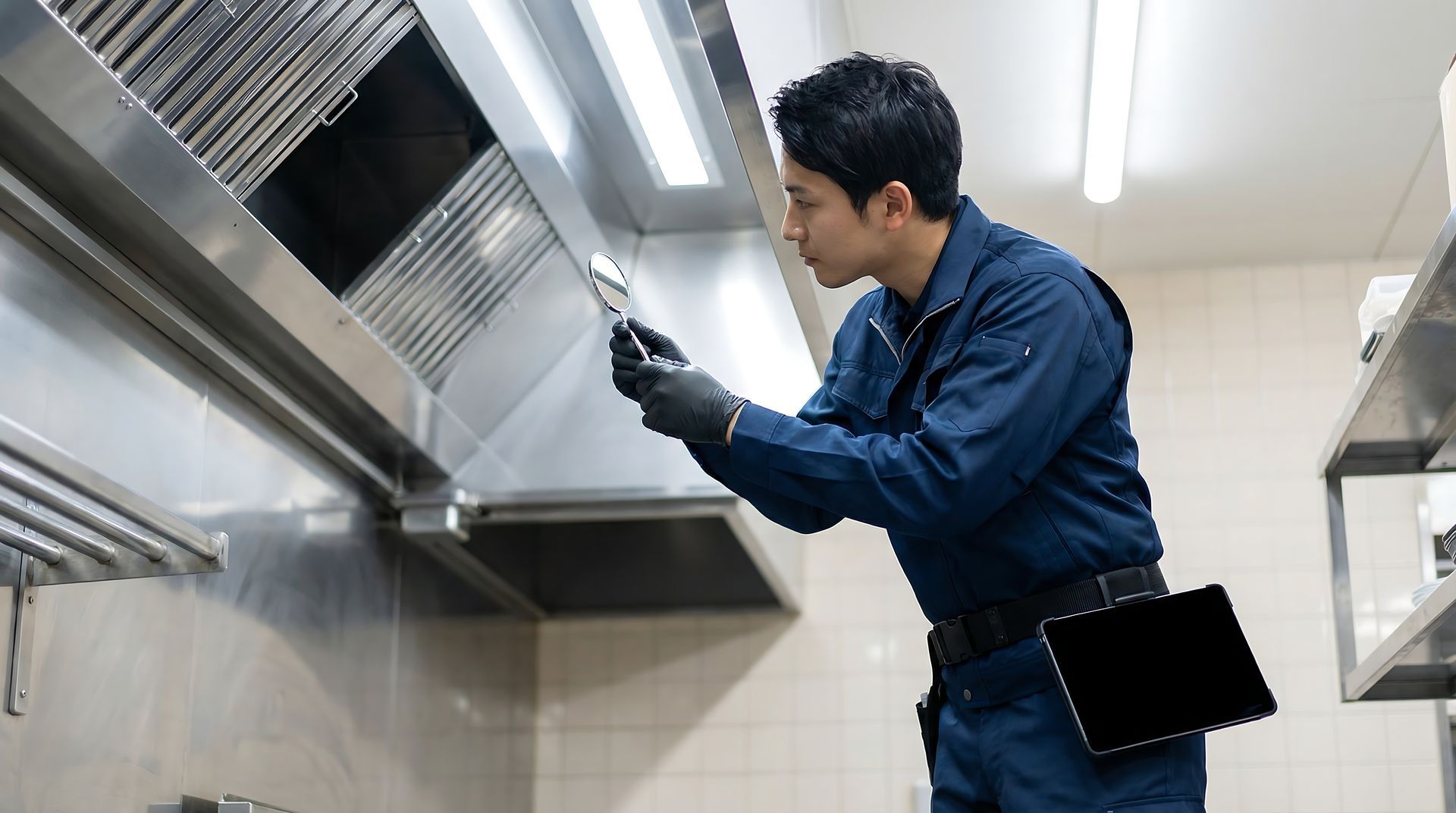 Technician in blue coveralls inspecting a stainless steel exhaust hood.
