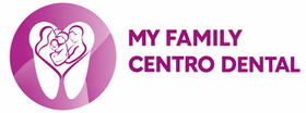 Logotipo de My Family Centro Dental con un diente morado y un ícono familiar, diseño rosa y blanco