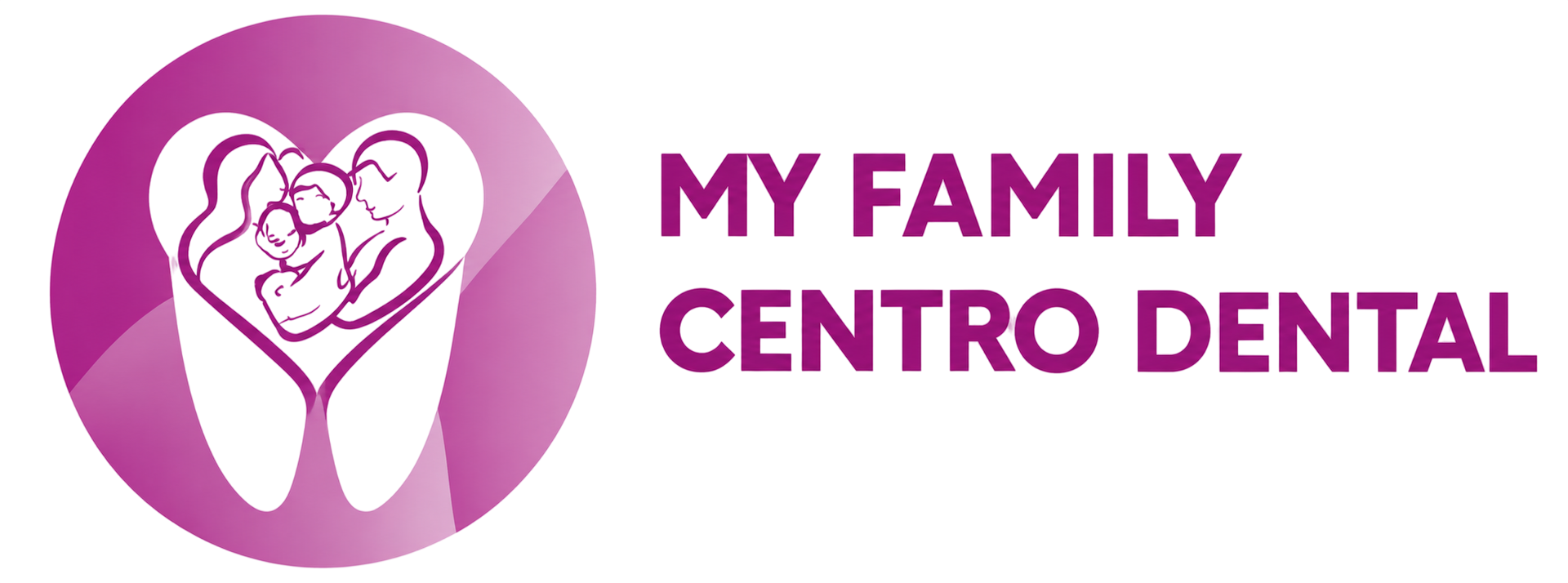 Logotipo de My Family Centro Dental con un diente morado y un ícono familiar, diseño rosa y blanco