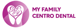Logotipo de My Family Centro Dental con un diente morado y un ícono familiar, diseño rosa y blanco