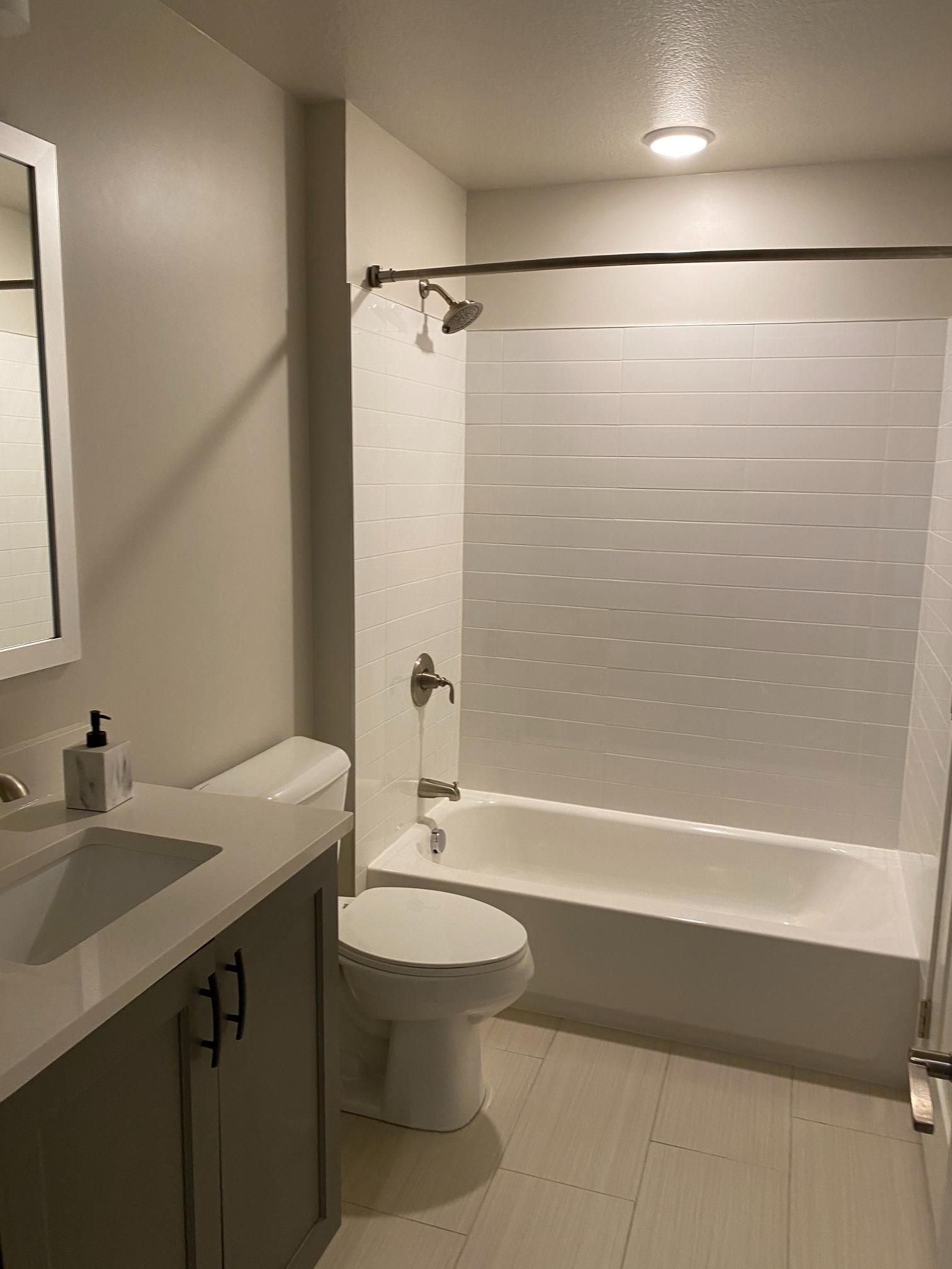 A bathroom with a toilet , sink , bathtub and shower.