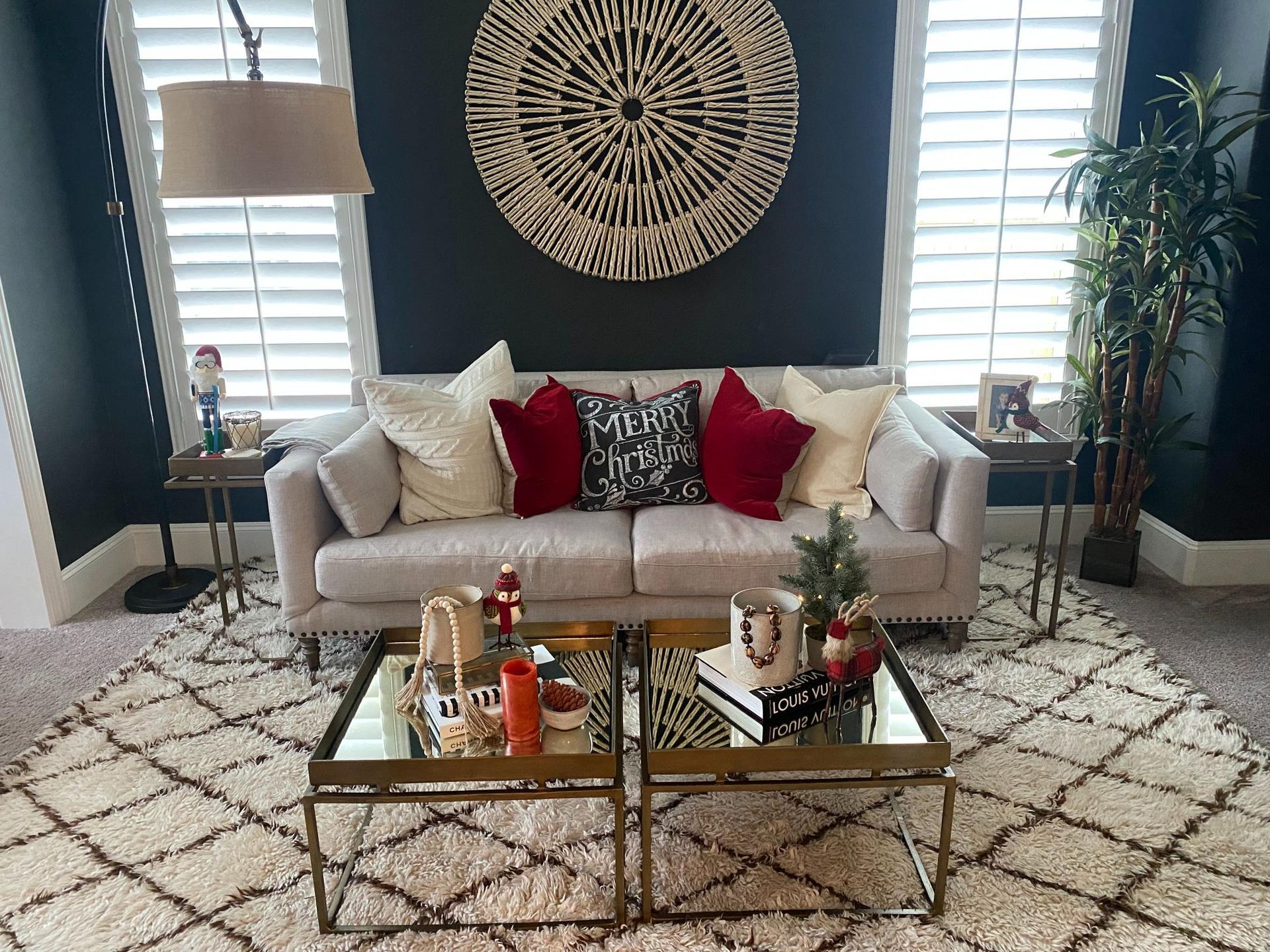 There is a couch and two coffee tables in the living room.