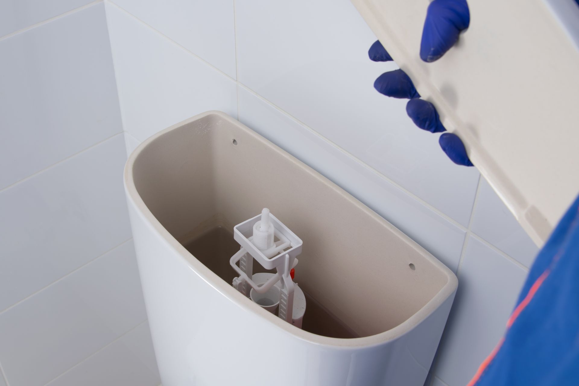 A person is cleaning the inside of a toilet tank.