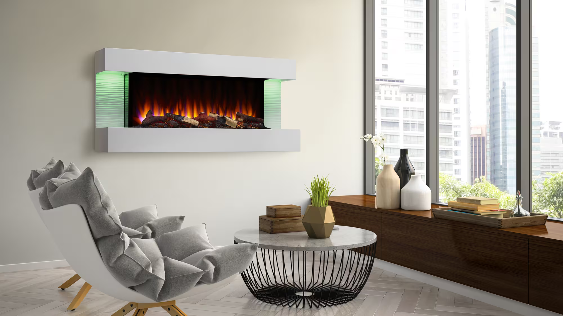 Modern living room with a white electric fireplace, chair, and coffee table.
