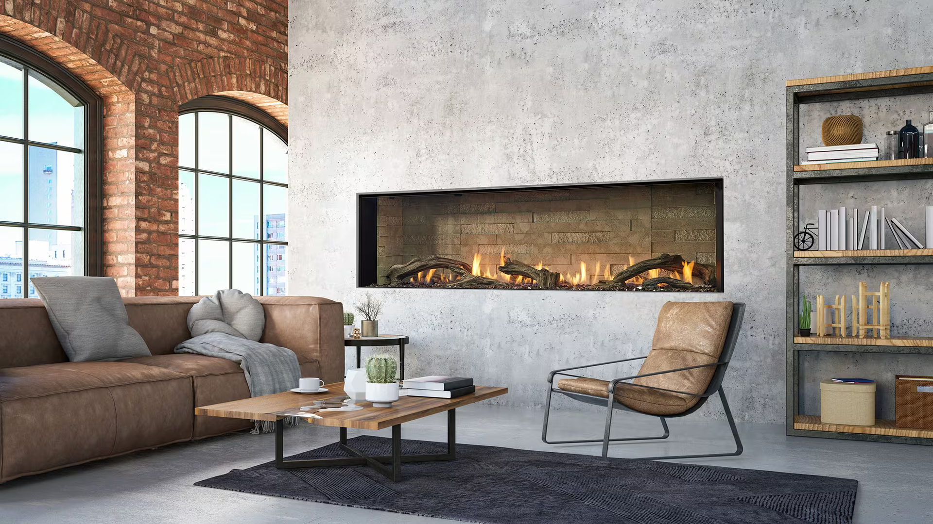 Modern living room with fireplace, exposed brick and concrete wall, leather furniture, bookshelves, city view.