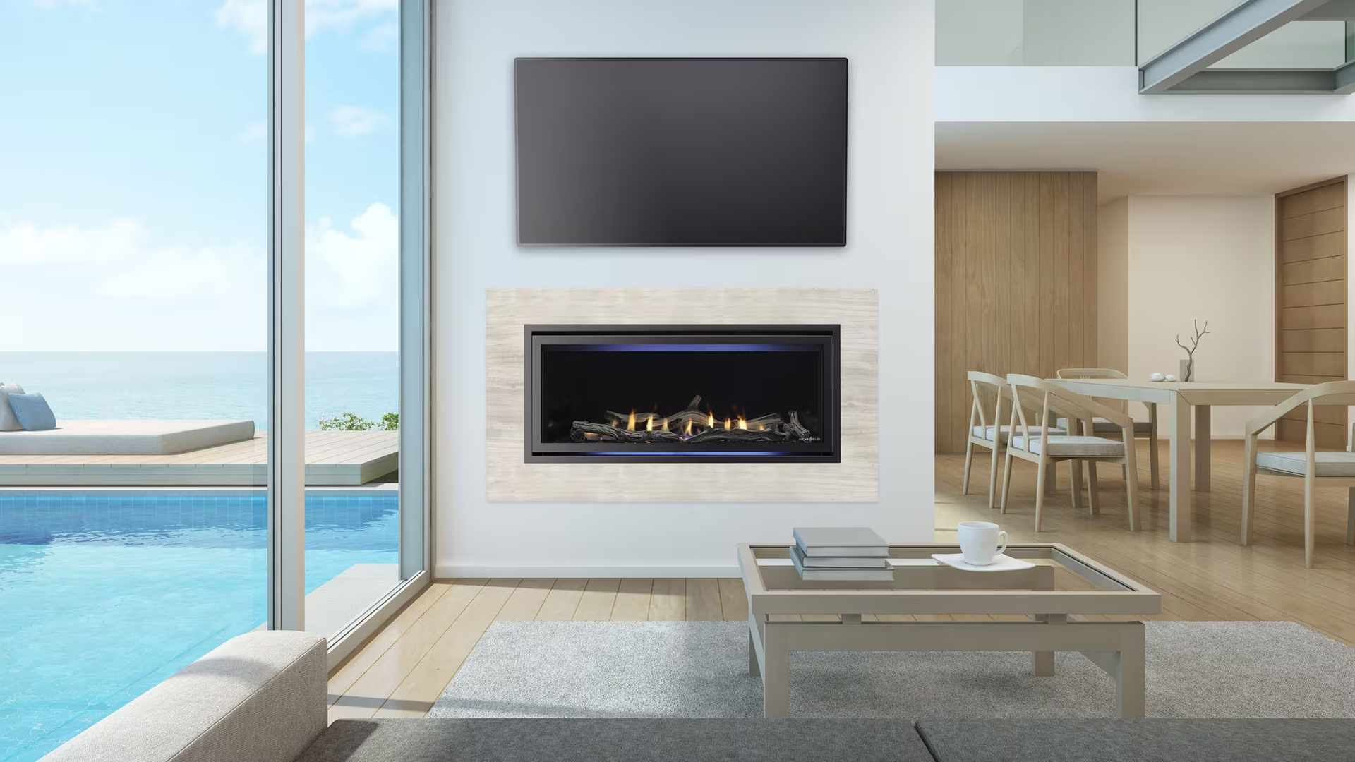 Living room with a fireplace, TV, and pool view.