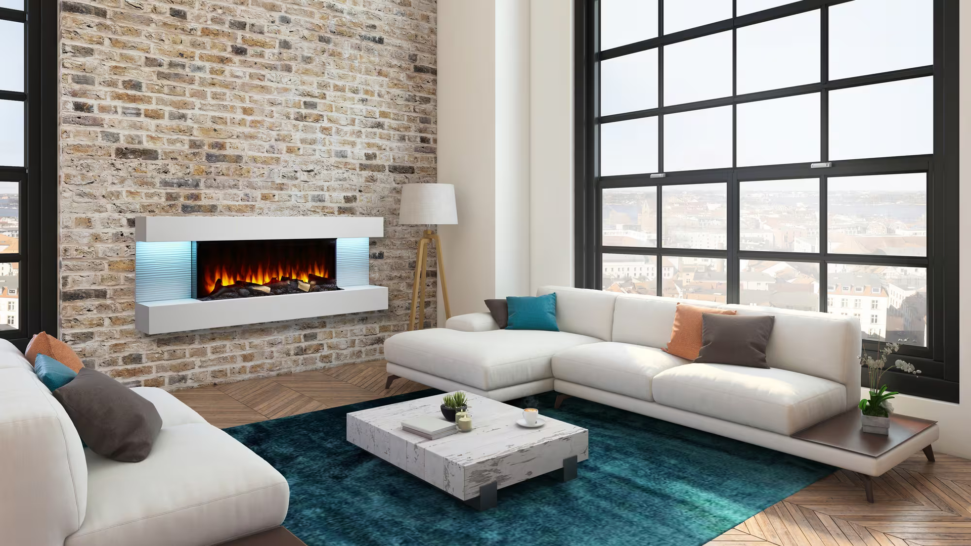 Modern living room with white sectional sofa, brick wall fireplace, and large windows overlooking a cityscape.