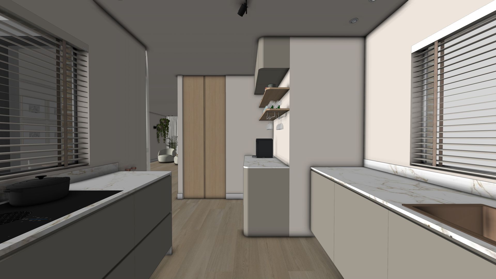 Keukenontwerp met veel opbergruimte, zachte kleuren en materialen en veel sfeer.
