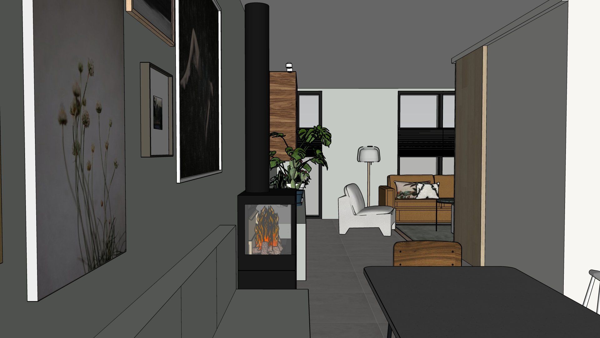 Twee ruimtes verbonden. Interieurontwerp door SunStyling