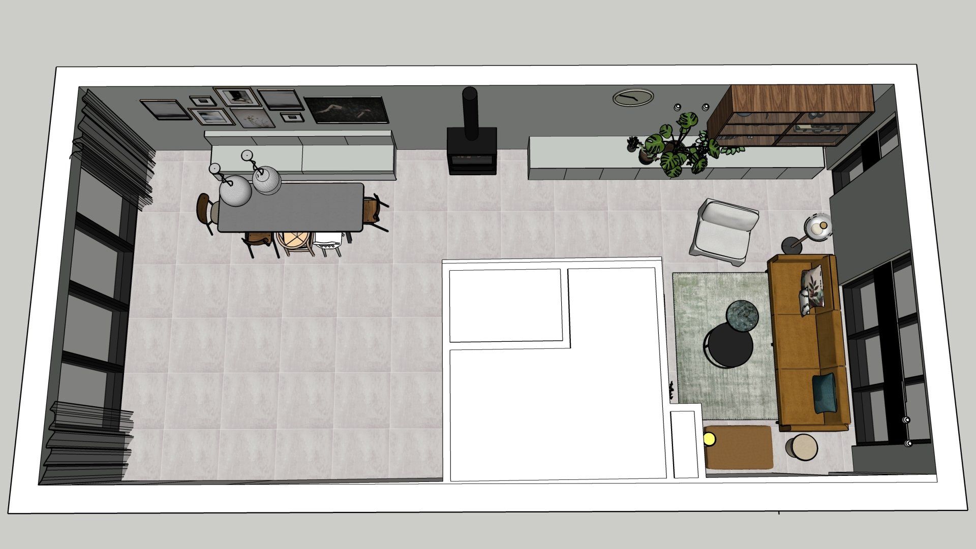 Nieuwbouwwoning ontwerp 3D ontwerp L-vormige woonruimte