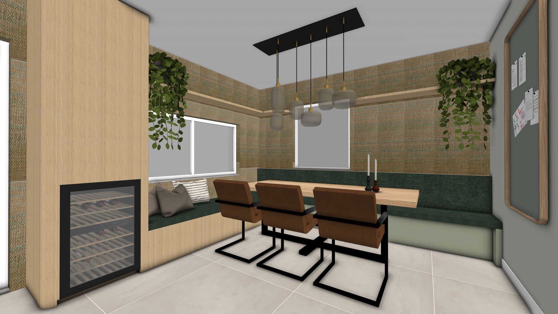 Keukenontwerp met veel opbergruimte, zachte kleuren en materialen en veel sfeer.