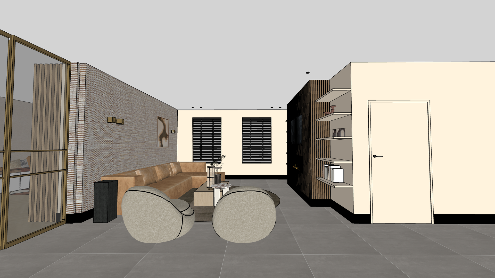 Royale zithoek met draaifauteuils, zodat er een fijne zit gecreëerd kan worden richting de tuin.