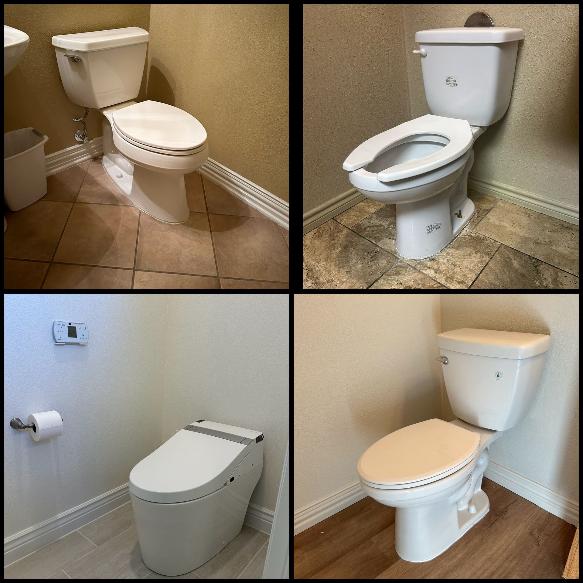 Toilet Replacements - Before & After - A collage of four different white residential toilets in bathrooms with varied flooring and wall styles.