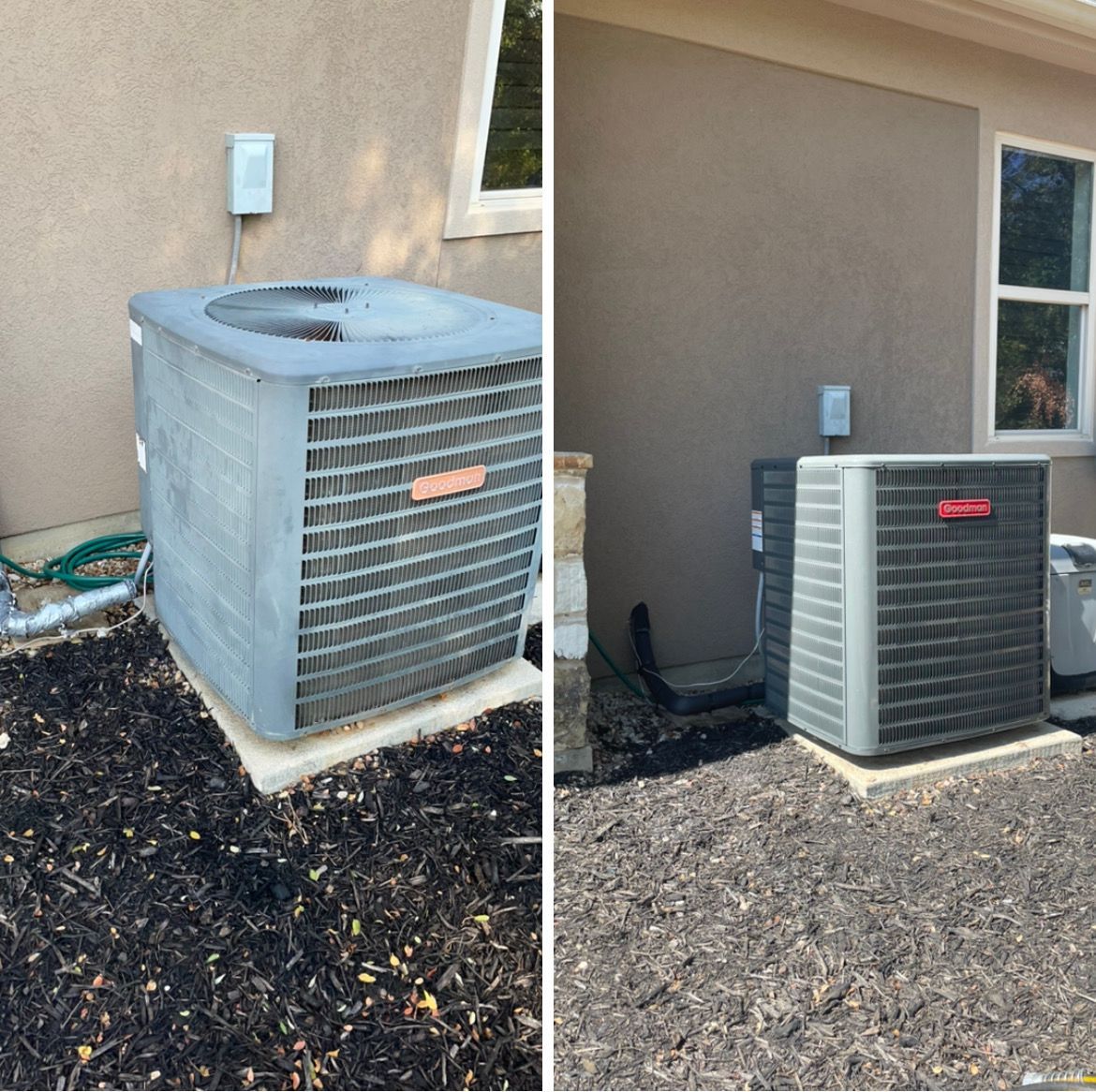 HVAC AC Replacement - Before & After -A split-view showing a dirty residential air conditioning unit on the left and the same unit cleaned on the right.