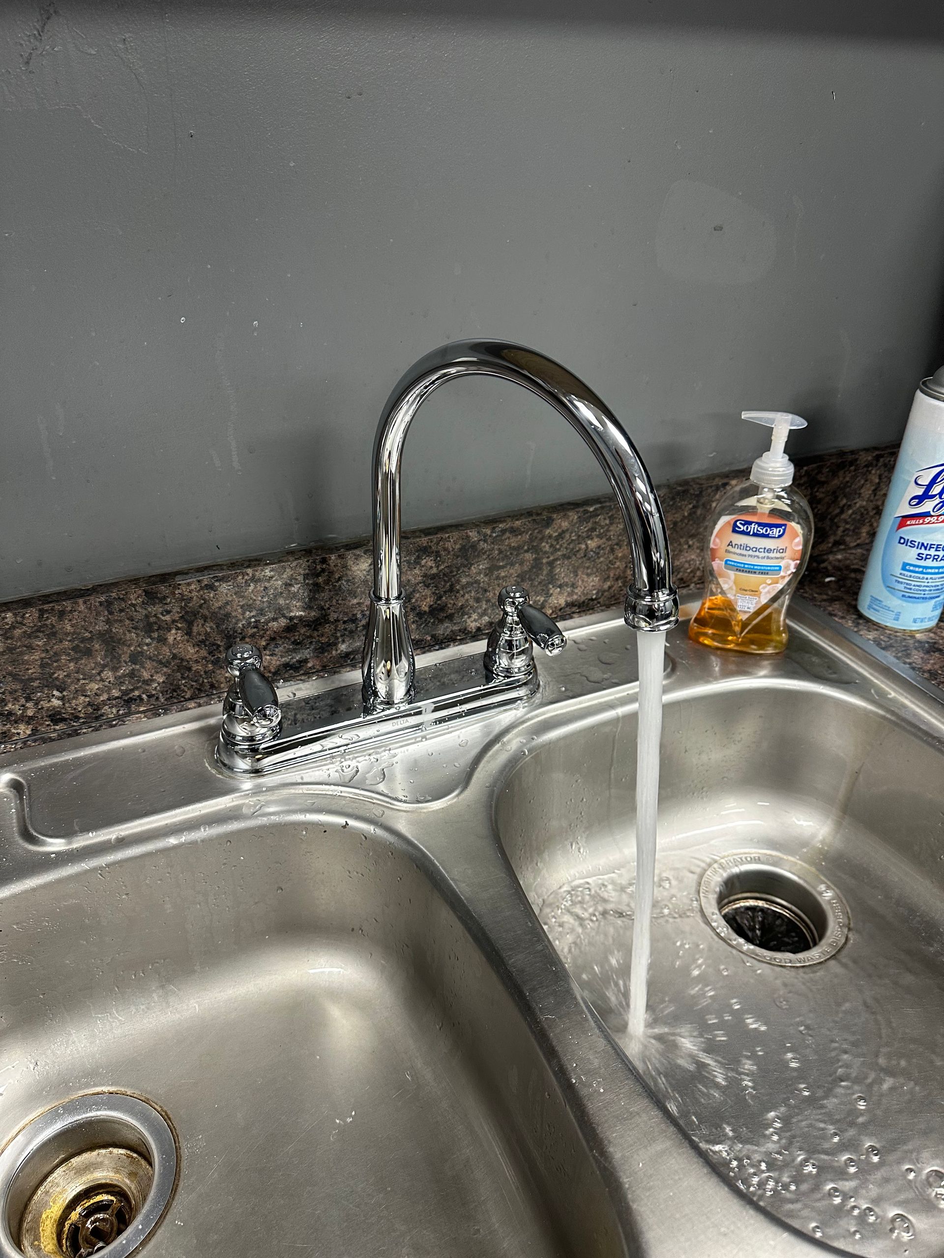 Plumbing job; faucet replacement. A chrome kitchen faucet with two handles dispensing water into a dual-basin stainless steel sink with soap nearby.