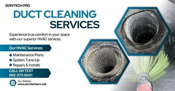 A Servtech Pro ad for HVAC duct cleaning services showing dirty and clean ductwork, with a contact number and website.