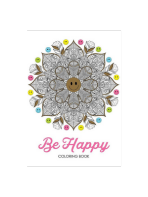Coloring book cover with floral mandala and the words “Be Happy” in pink script