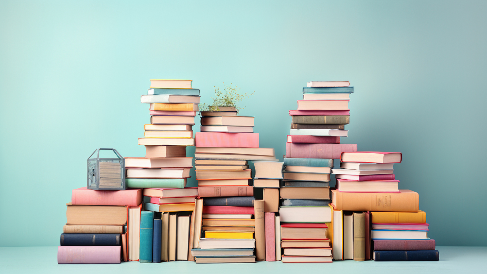 Stacks of pastel-colored books arranged in a pyramid on a light blue background