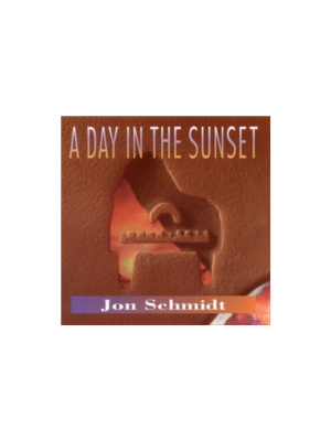 Book cover reading “A Day in the Sunset” by Jon Schmidt, with a warm orange sunset and piano keys.