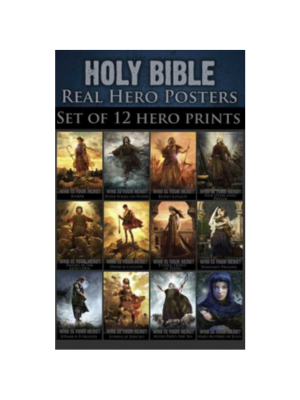 Holy Bible Real Heroes set of 12 poster prints, featuring biblical scenes and figures.