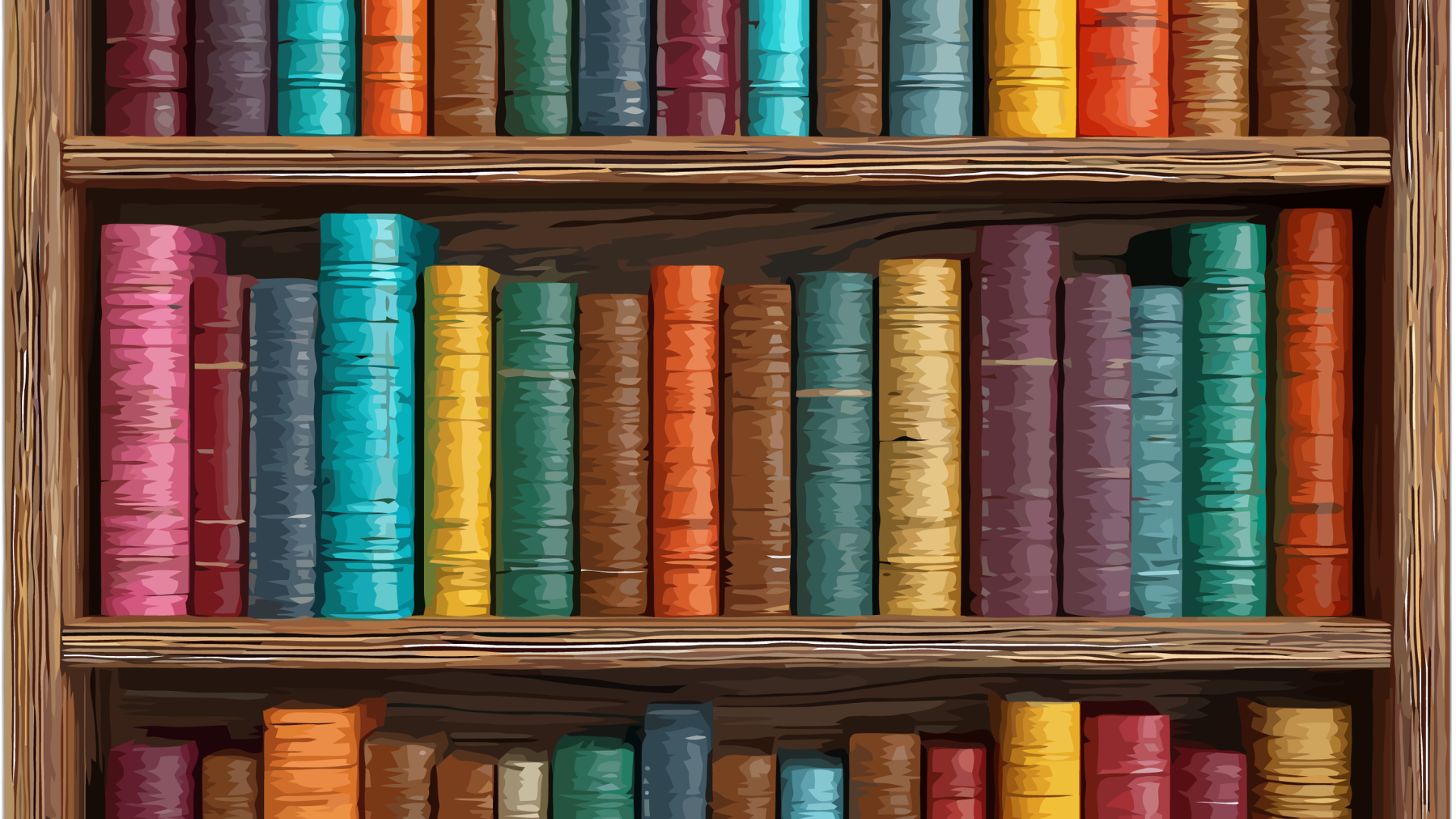 Colorful books lined on wooden shelves in a cozy library or study setting