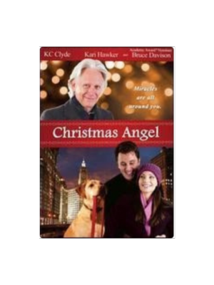 Christmas Angel DVD cover with a man, woman, and dog in a winter city scene
