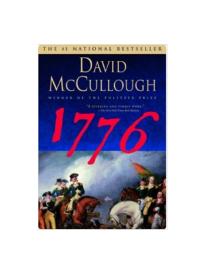 Book cover of David McCullough’s 1776, with red title text over a Revolutionary War battle scene.
