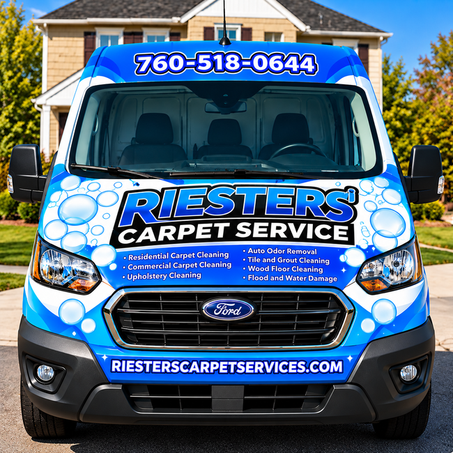 Blue Riesters Carpet Service van parked in front of a house, with phone number and website on the front.