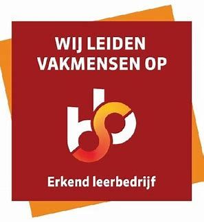Red and orange logo reading “WIJ LEIDEN VAKMENSEN OP” with “Erkend leerbedrijf” underneath.